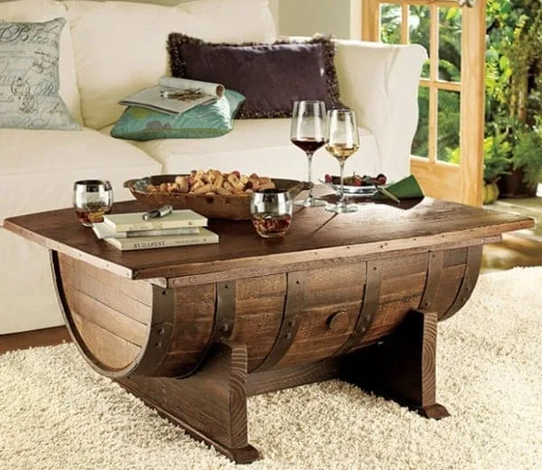 finished DIY coffee table made from upcycled barrel