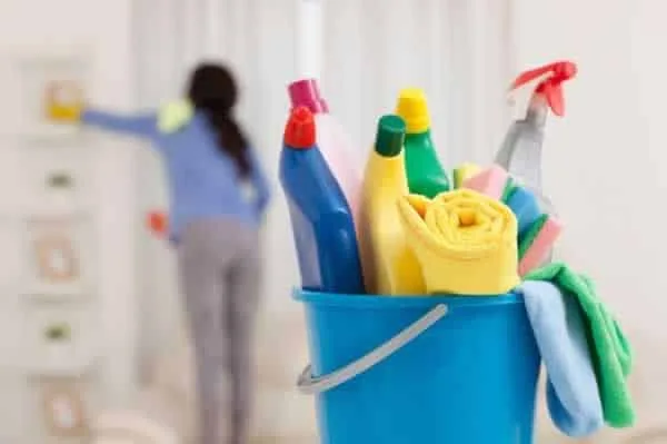 bucket with cleaning supplies