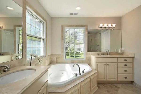remodeled bathroom with big corner bathtub