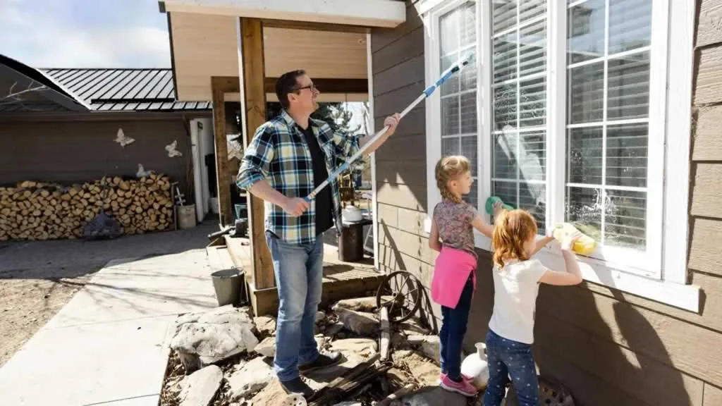 father with kids washing windows from the outside