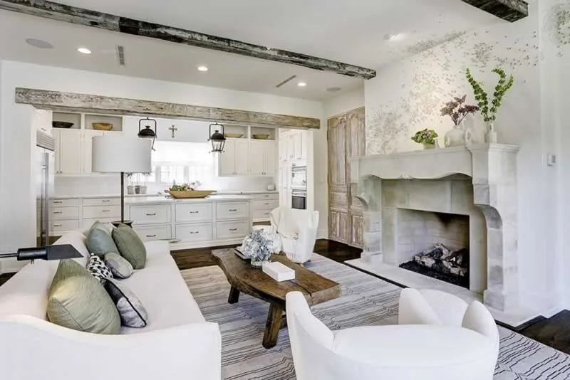 amazing open floor design with kitchen and living room with fireplace