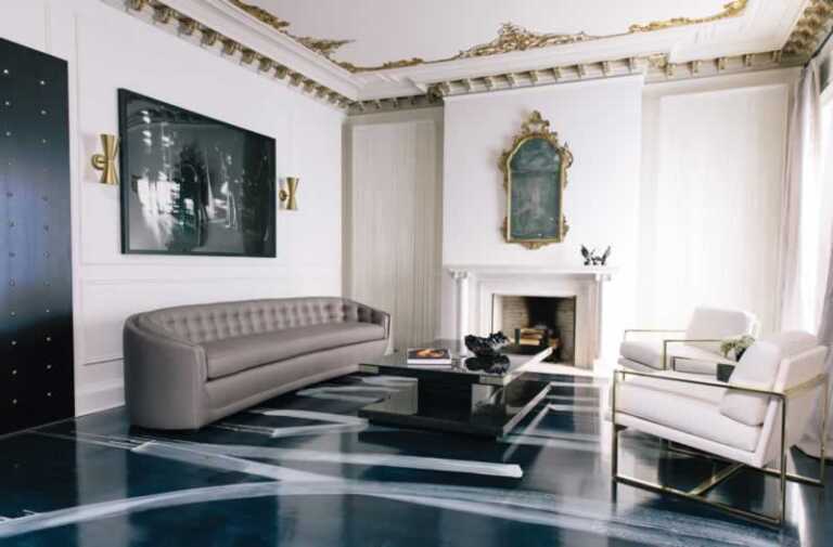 living room with rustic design and marble floors