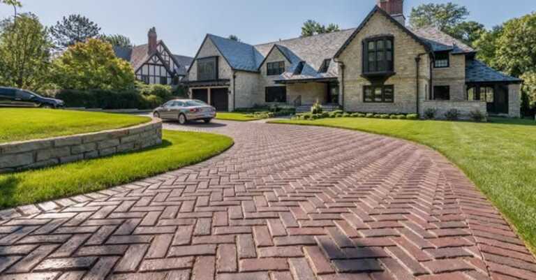 amazing brick driveway in front of the classic house