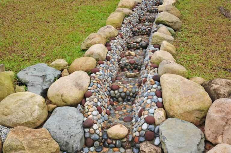 French drain with rocks and boulders