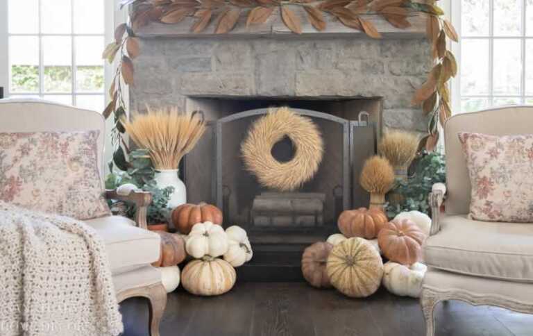 fireplace with pumpkins