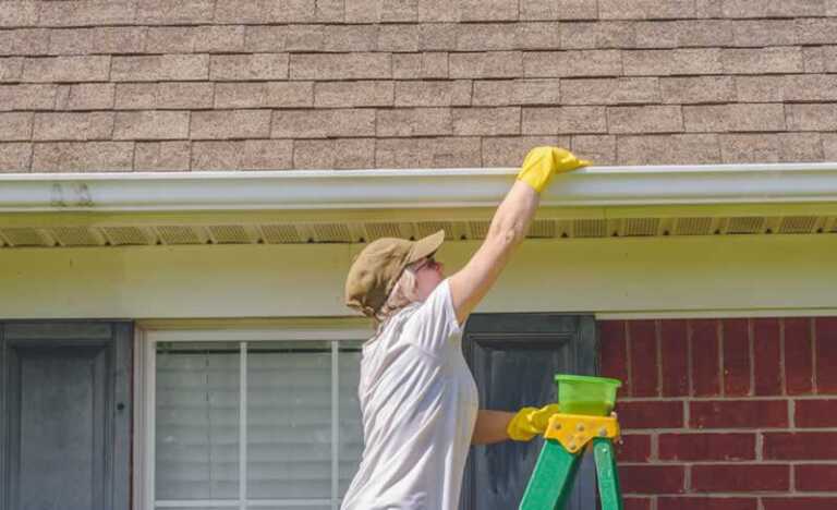 woman cleaning gutters