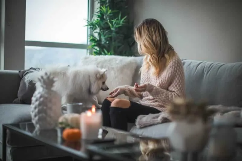 woman playing with dog