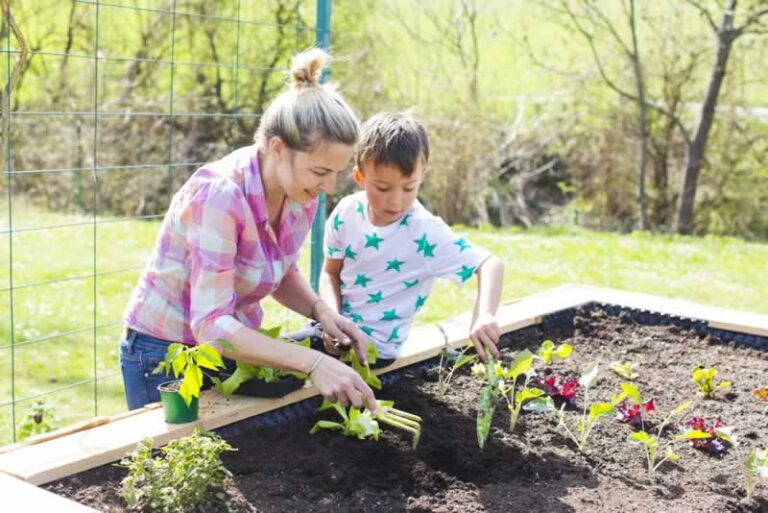 women and kid gardening