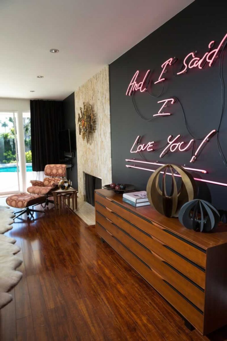 living room with neon sign