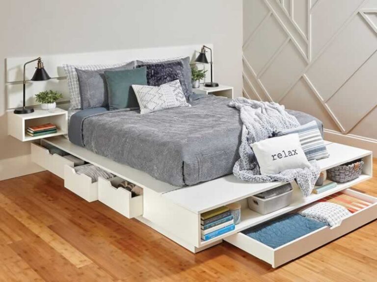 bed with many drawers and shelves