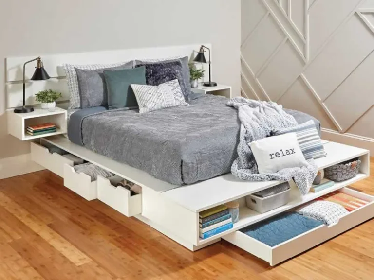 bed with many drawers and shelves