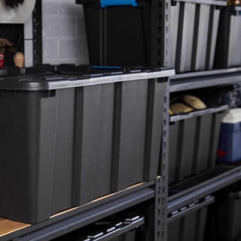storage tubs on shelves