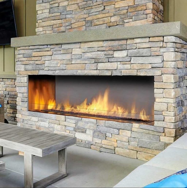 outdoor gas fireplace in rocks