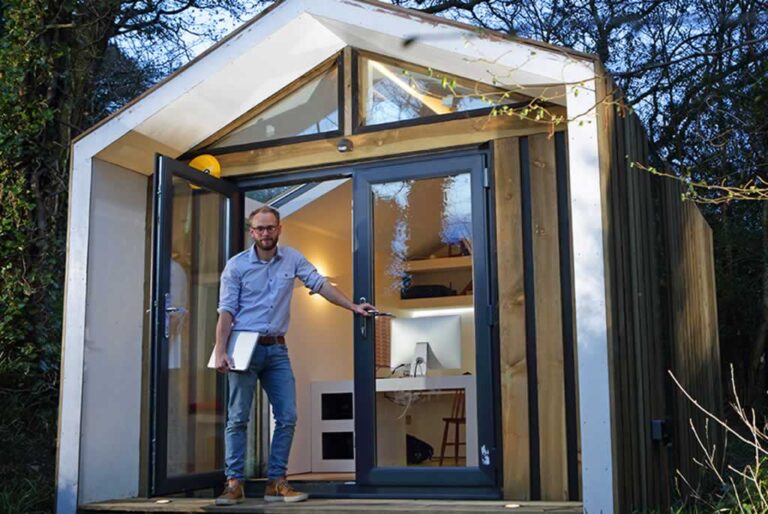 man entering garden shed home office