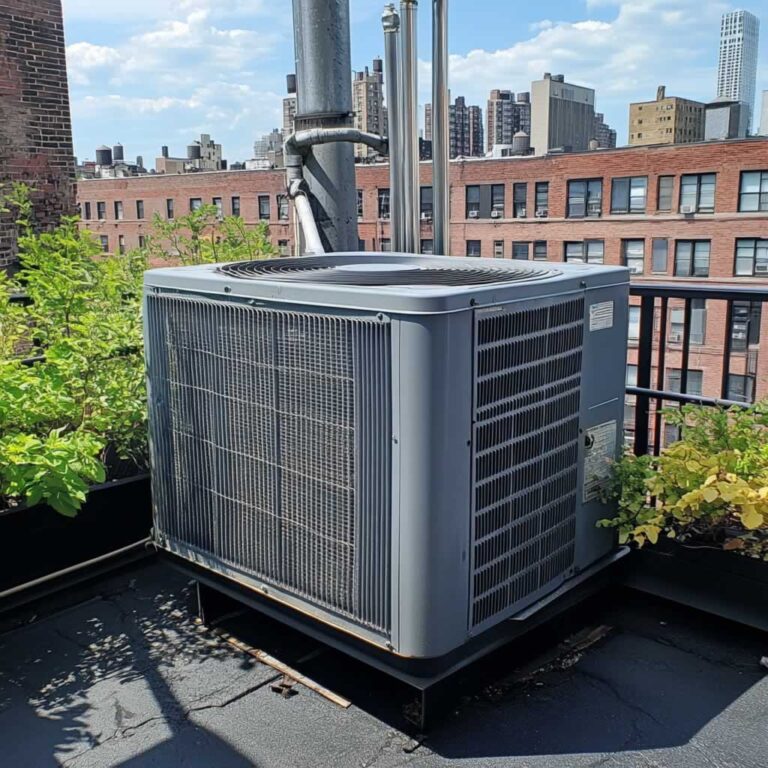 outdoor AC unit on the rooftop of residential building