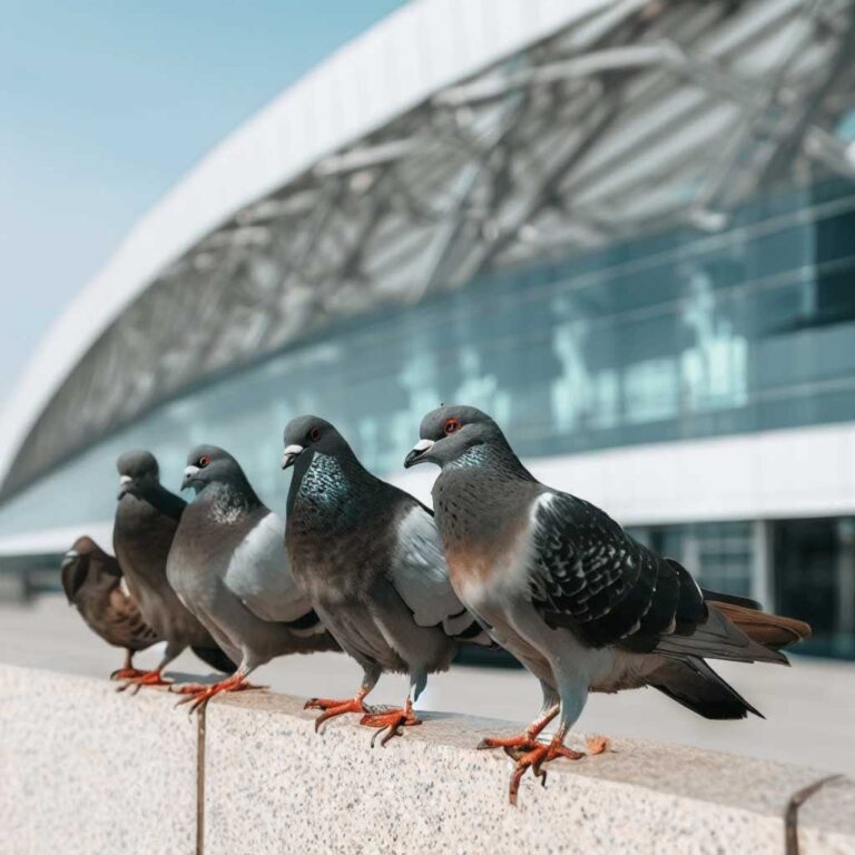 pigeons on the roof of the commercial building