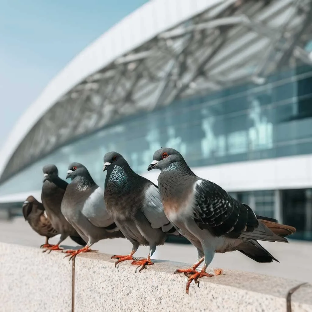 pigeons on the roof of the commercial building