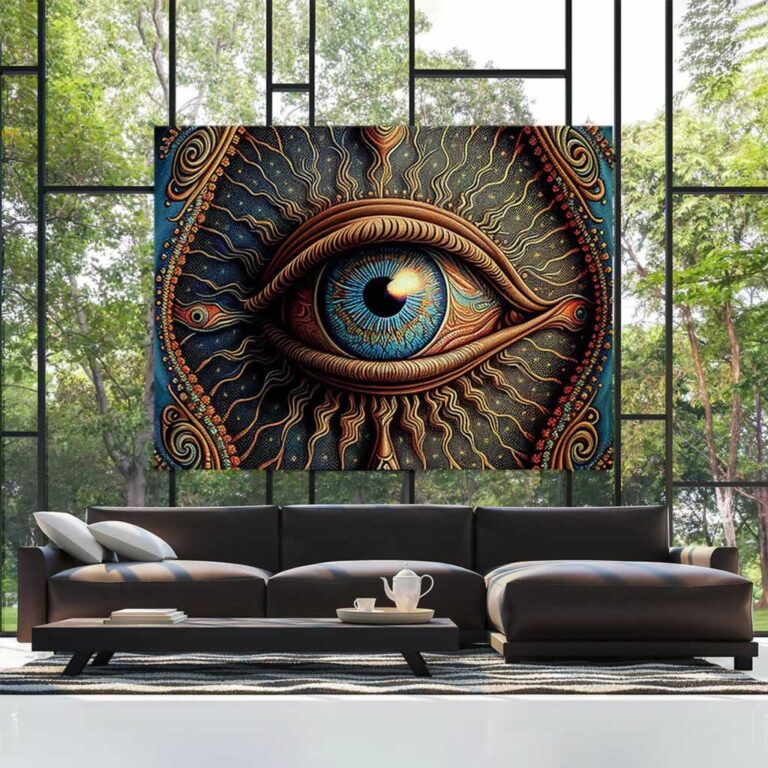 DMT art painting of a huge eye in the living room