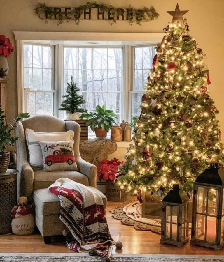 beautifully decorated live Christmas tree by the living room window