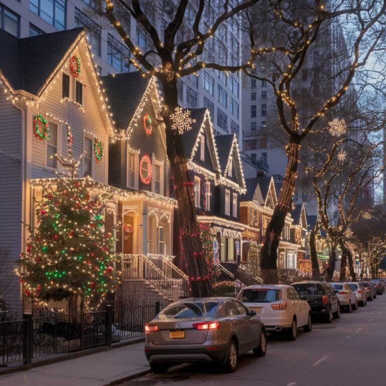 Christmas decor on houses in New York city street