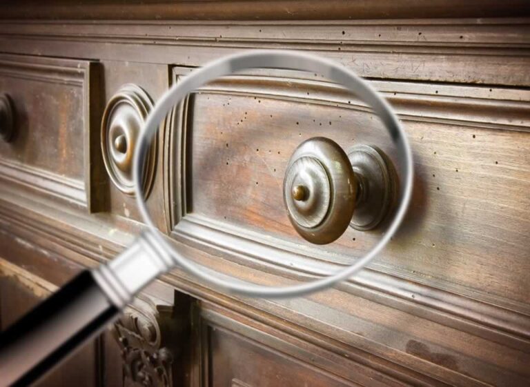 looking for signs of woodworm damage with magnifying glass
