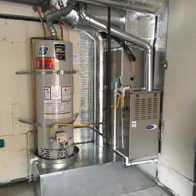 gas furnace and water tank in the basement