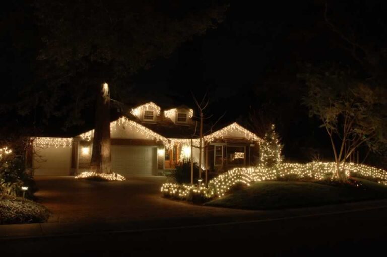 house with permanent warm white Christmas lights