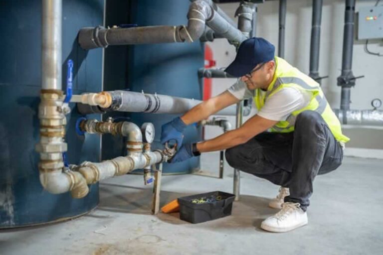 plumber fixing pipes around the furnace