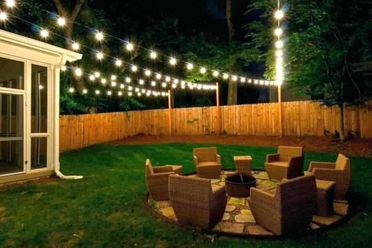 outdoor strings lights over backyard