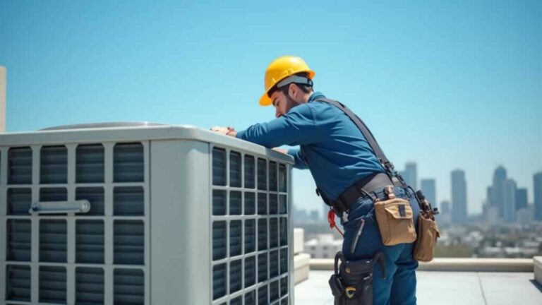 HVAC technician repairing outdoor unit on the roof