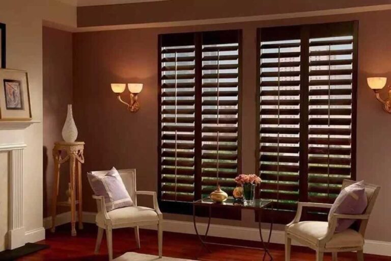 semi closed wooden blinds in the evening