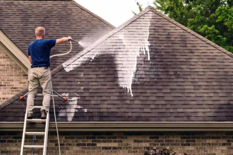 homeowner power washing the roof
