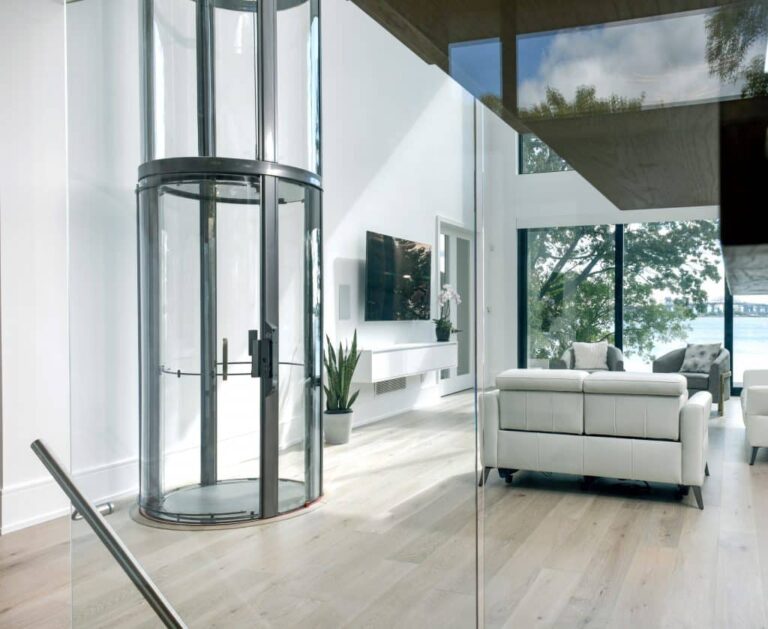 glass lift in modern art gallery