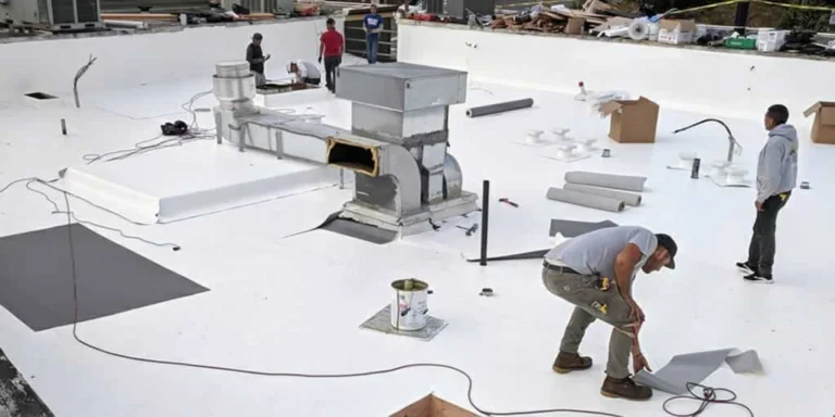 commercial roofers working on a flat commercial roof