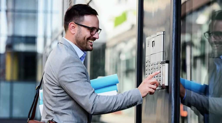 businessman operating the intercom