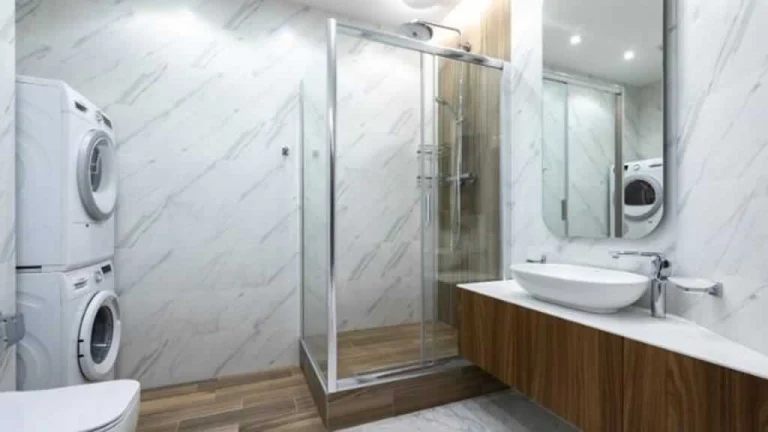 glass shower cabin in farmhouse bathroom