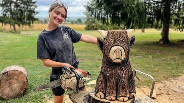young women carved a cow with chainsaw