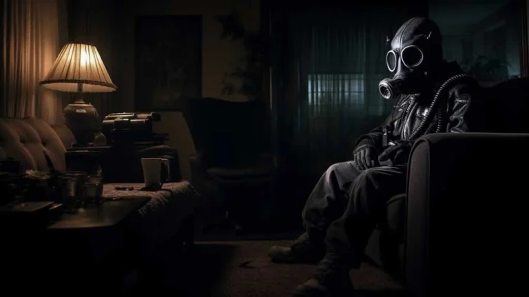 man sitting in gas mask because of poor air quality
