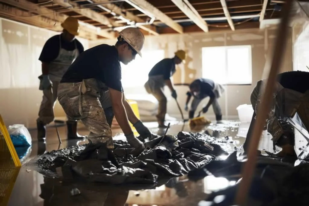 workers restoring water damage in the house