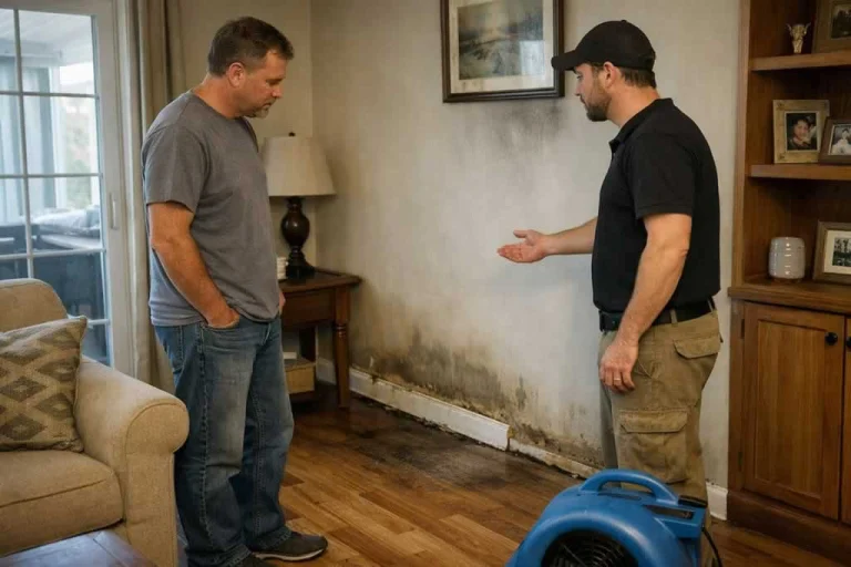 homeowner look at water damage with a professional