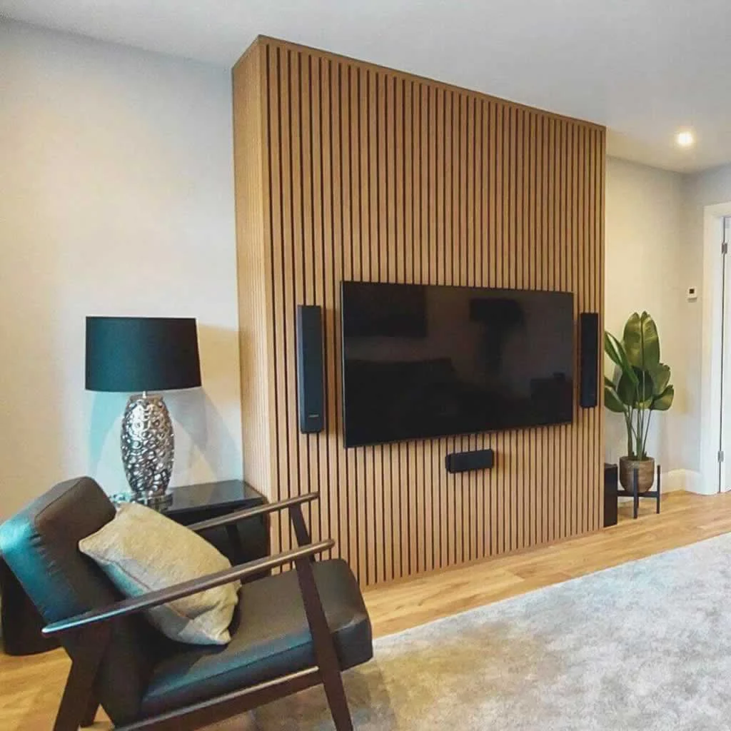 interior wood wall panels around the TV