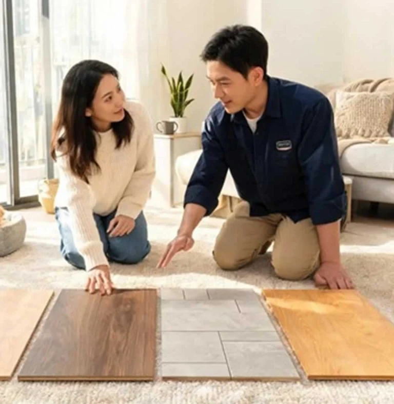couple looking at different types of flooring