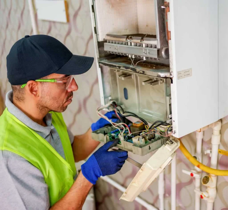technician installing a new heating boiler