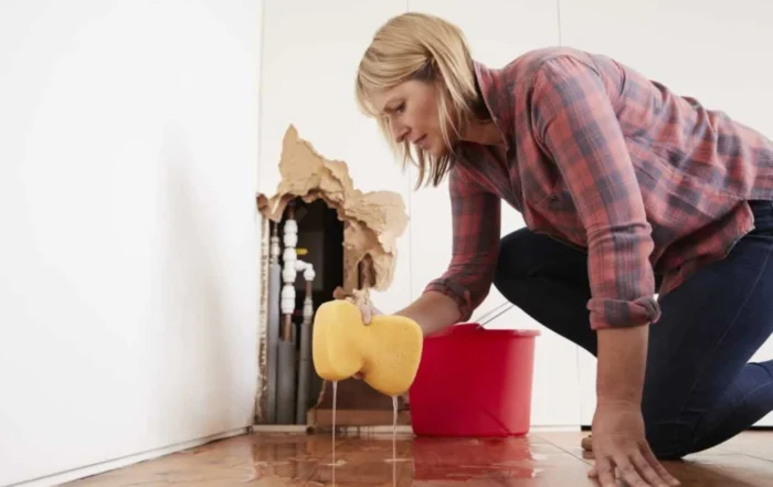 woman cleaning water damage from the leaking pipe