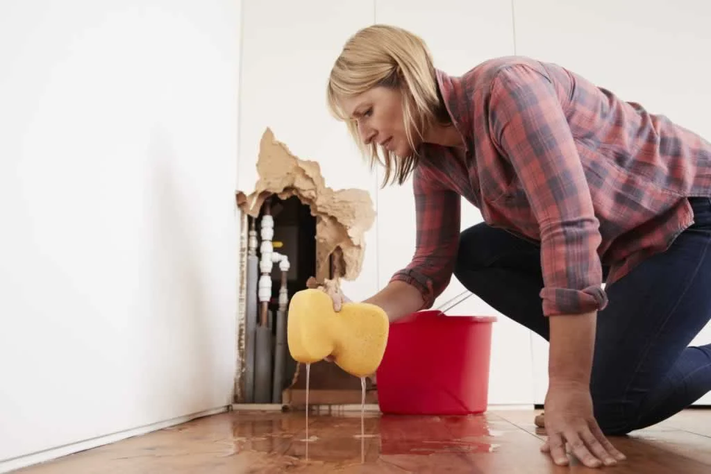 woman cleaning water damage from the leaking pipe