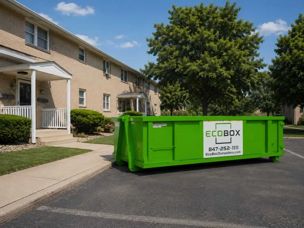 empty dumpster in front of the building