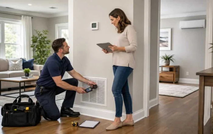 HVAC technician explaining the improvements to a homeowner