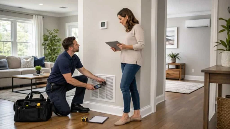 HVAC technician explaining the improvements to a homeowner