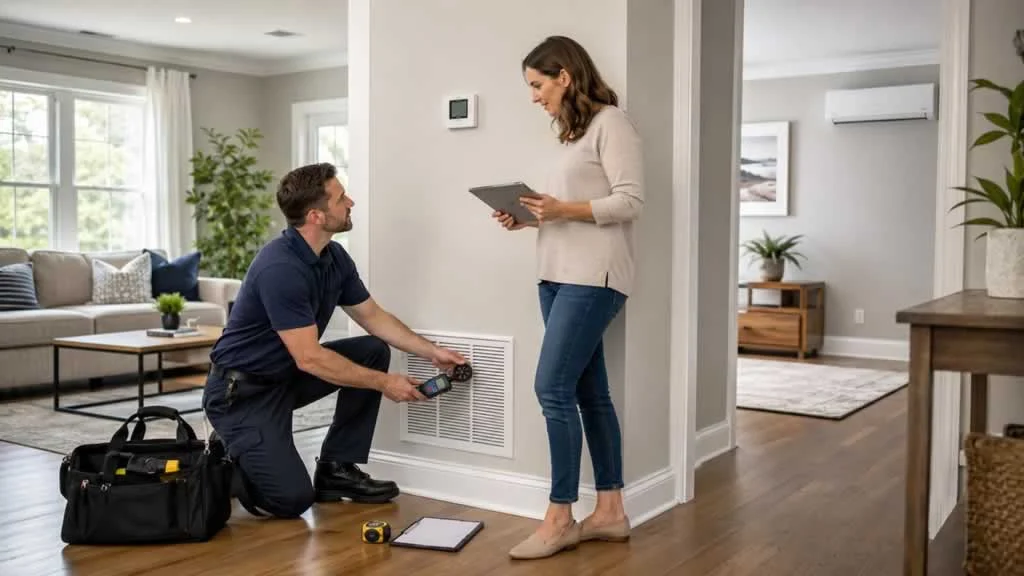 HVAC technician explaining the improvements to a homeowner