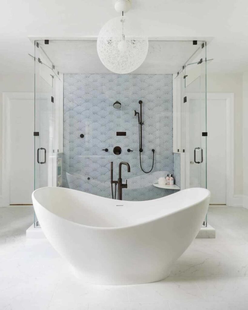 amazingly renovated bathroom with freestanding tub